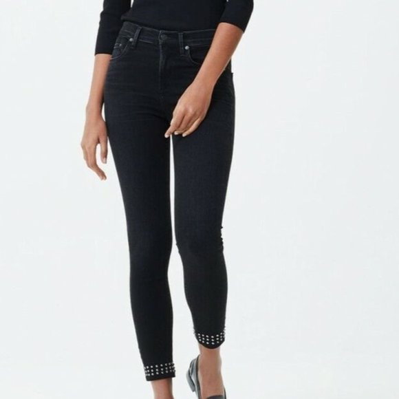 Citizens of Humanity Rocket High Rise Skinny Band Black Studded Jeans Size 24 - Picture 1 of 8